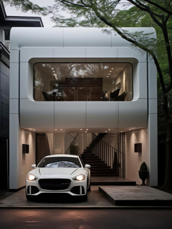 A car next to a modern country houseの素材