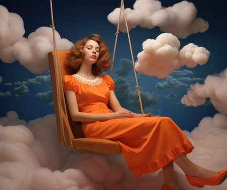 Young woman resting on a cloudの素材