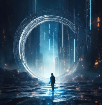 A man stands in front of a large portalの素材