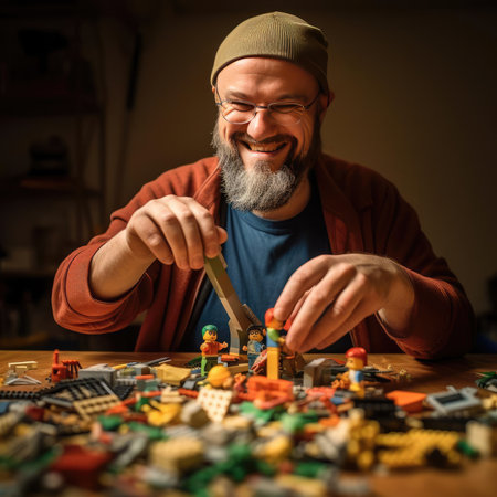 An adult man is happy to assemble a toyの素材