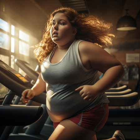Overweight young woman exercising in the gymの素材