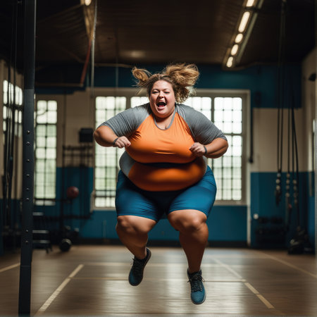 Overweight young woman exercising in the gymの素材