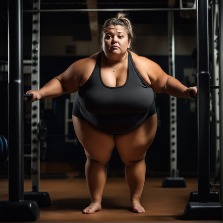 Overweight young woman exercising in the gymの素材