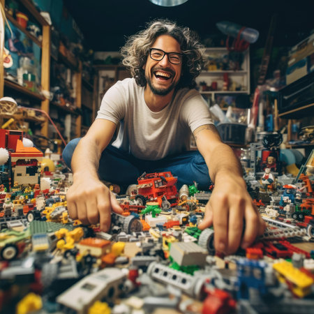 An adult man is happy to assemble a toyの素材