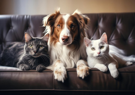 Cat and dog lying on the couchの素材