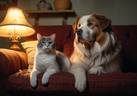Cat and dog lying on the couchの素材