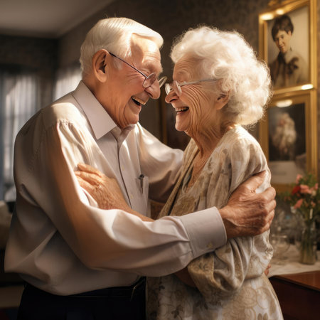An elderly man hugs an elderly womanの素材