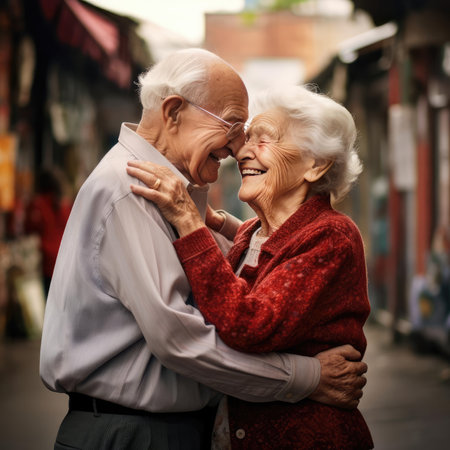 An elderly man hugs an elderly womanの素材