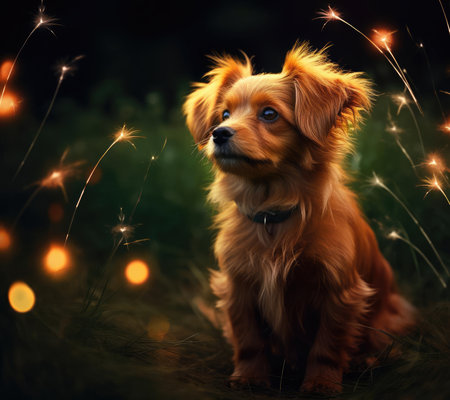 Small domestic dog on the grassの素材