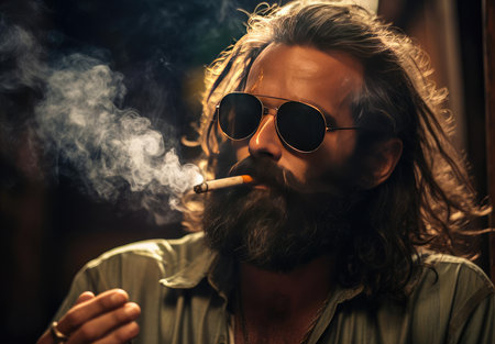 A man with a beard smokesの素材