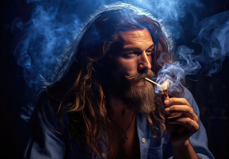 A man with a beard smokesの素材