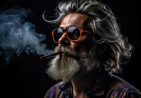 A man with a beard smokesの素材