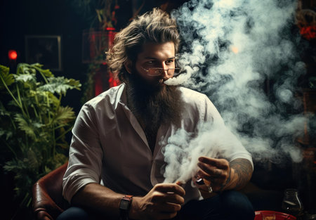 A man with a beard smokesの素材
