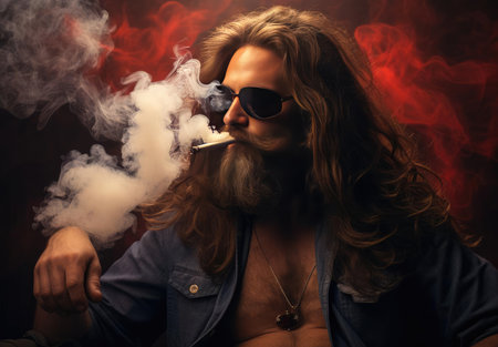 A man with a beard smokesの素材