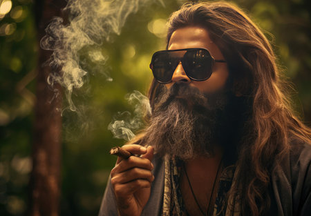 A man with a beard smokesの素材