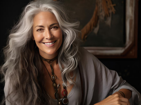 Woman with long, thick gray hairの素材
