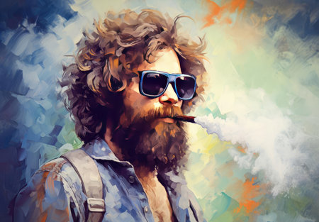 A man with a beard smokesの素材