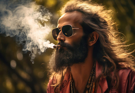 A man with a beard smokesの素材