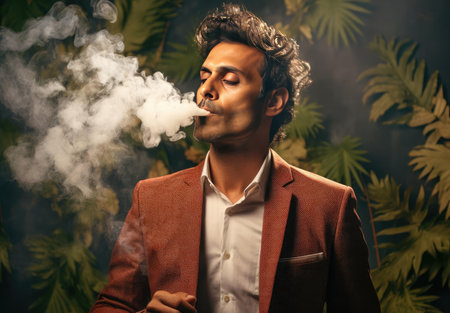 A man with a beard smokesの素材