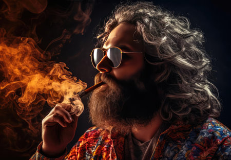 A man with a beard smokesの素材