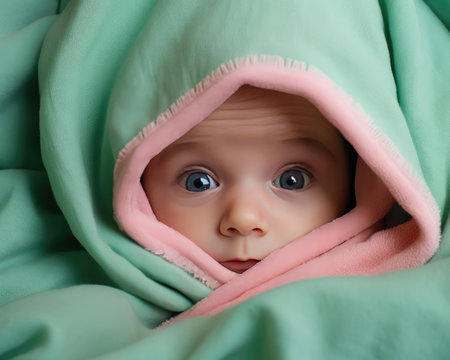 Photo of a little girl in a blanketの素材