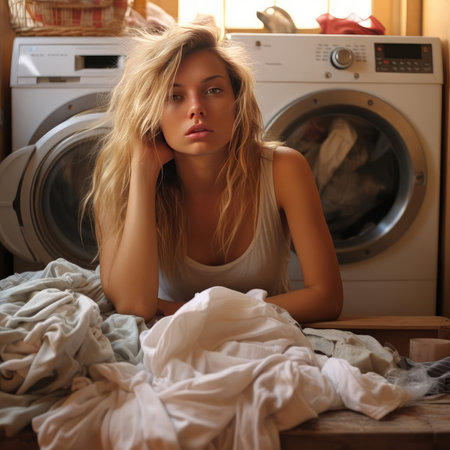Beautiful woman tired next to washing machineの素材