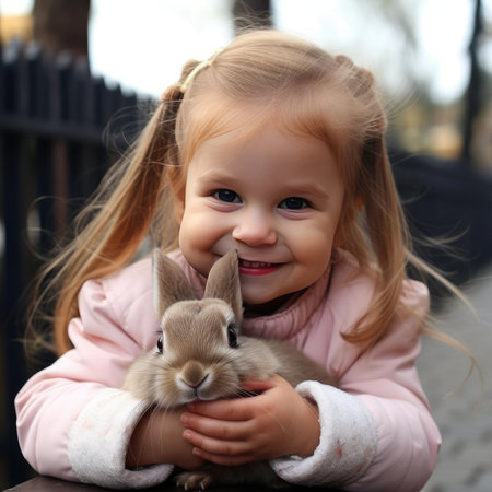Little smiling girl holding a rabbitの素材