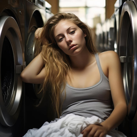 Beautiful woman tired next to washing machineの素材