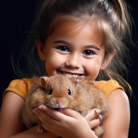 Little smiling girl holding a hamsterの素材