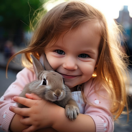Little smiling girl holding a rabbitの素材