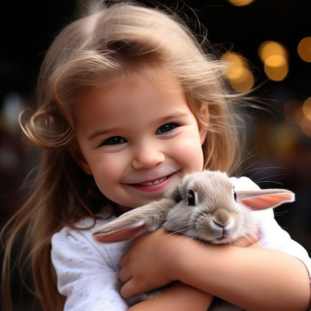 Little smiling girl holding a rabbitの素材