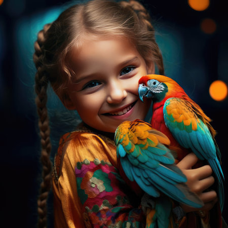 Little smiling girl holding a parrotの素材
