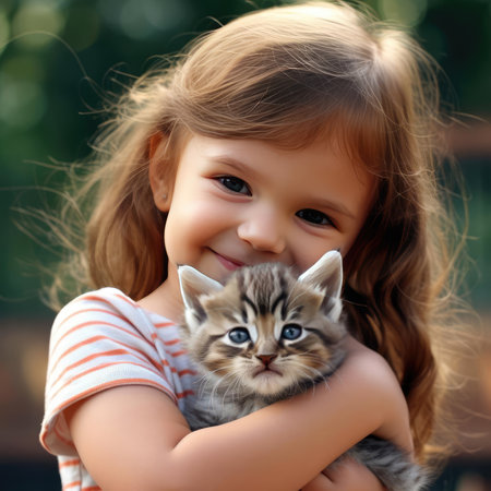 Little smiling girl holding a kittenの素材