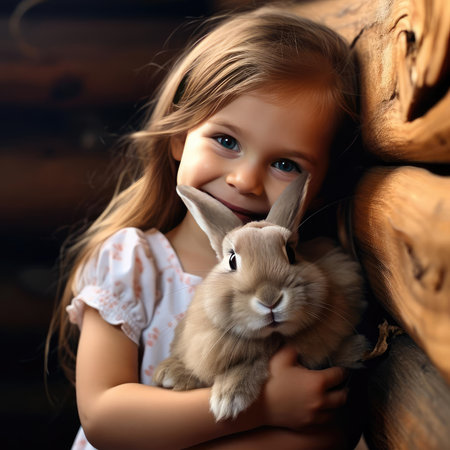 Little smiling girl holding a rabbitの素材