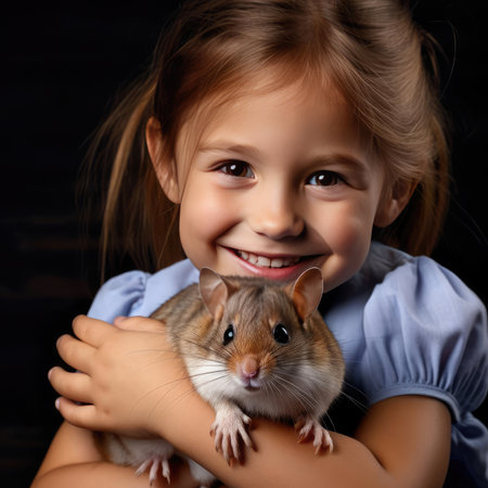 Little smiling girl holding a hamsterの素材