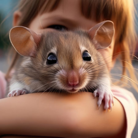 Little smiling girl holding a hamsterの素材
