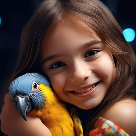 Little smiling girl holding a parrotの素材