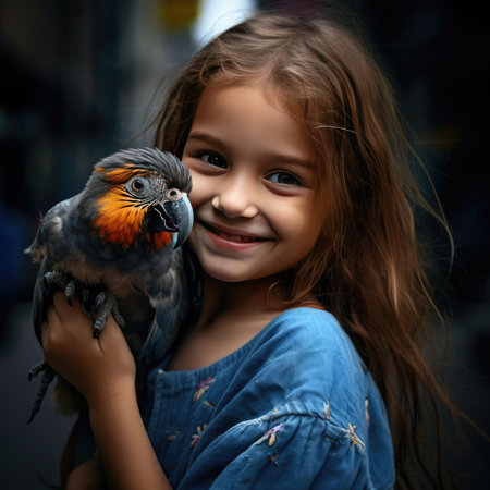 Little smiling girl holding a parrotの素材