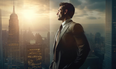 A man in a suit stands on the roof of a tall building and looks into the distanceの素材