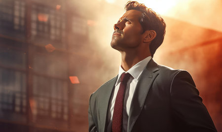 A man in a suit stands on the roof of a tall building and looks into the distanceの素材