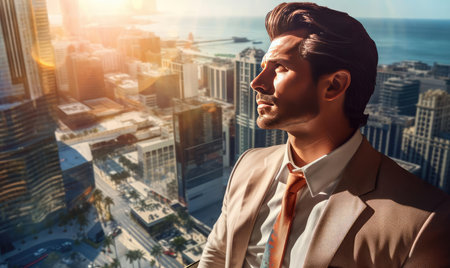 A man in a suit stands on the roof of a tall building and looks into the distanceの素材