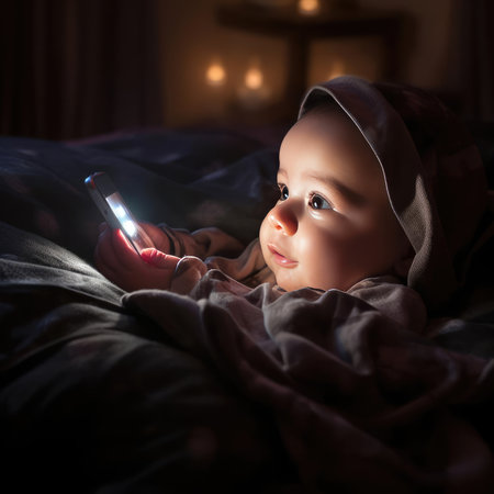 Small child lying in bed with smartphoneの素材