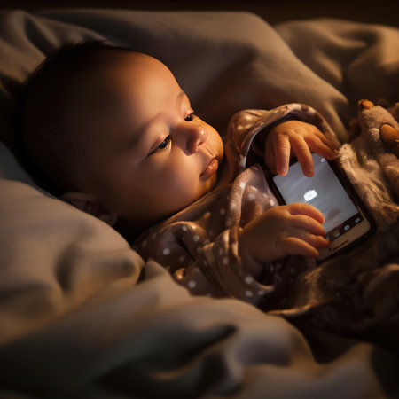 Small child lying in bed with smartphoneの素材