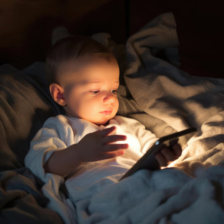 Small child lying in bed with smartphoneの素材