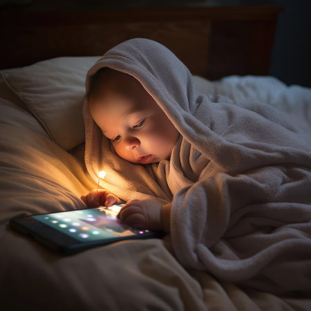 Small child lying in bed with smartphoneの素材
