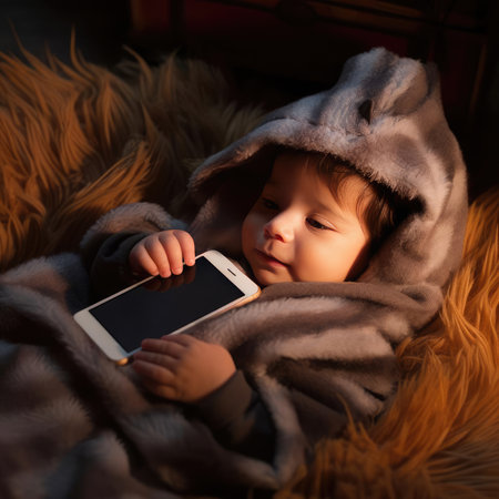 Small child lying in bed with smartphoneの素材