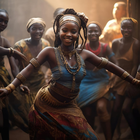 African girl dancing national dance in African clothesの素材