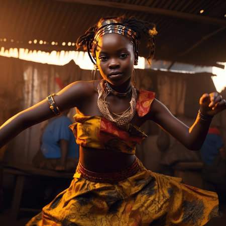African girl dancing national dance in African clothesの素材
