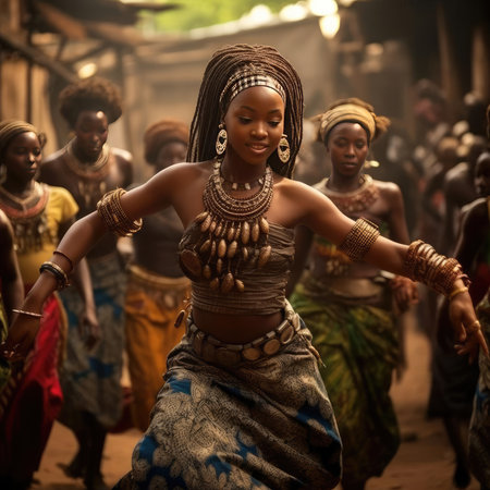 African girl dancing national dance in African clothesの素材