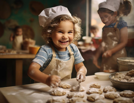 Joyful children prepare foodの素材